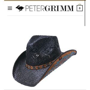 PETER GRIMM Unisex Clay Drifter Cowboy Hat OS Black Raffia Straw Boho Western